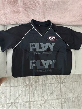 Palm Angels Black PLAY Logo Mesh Jersey Top with White Trim